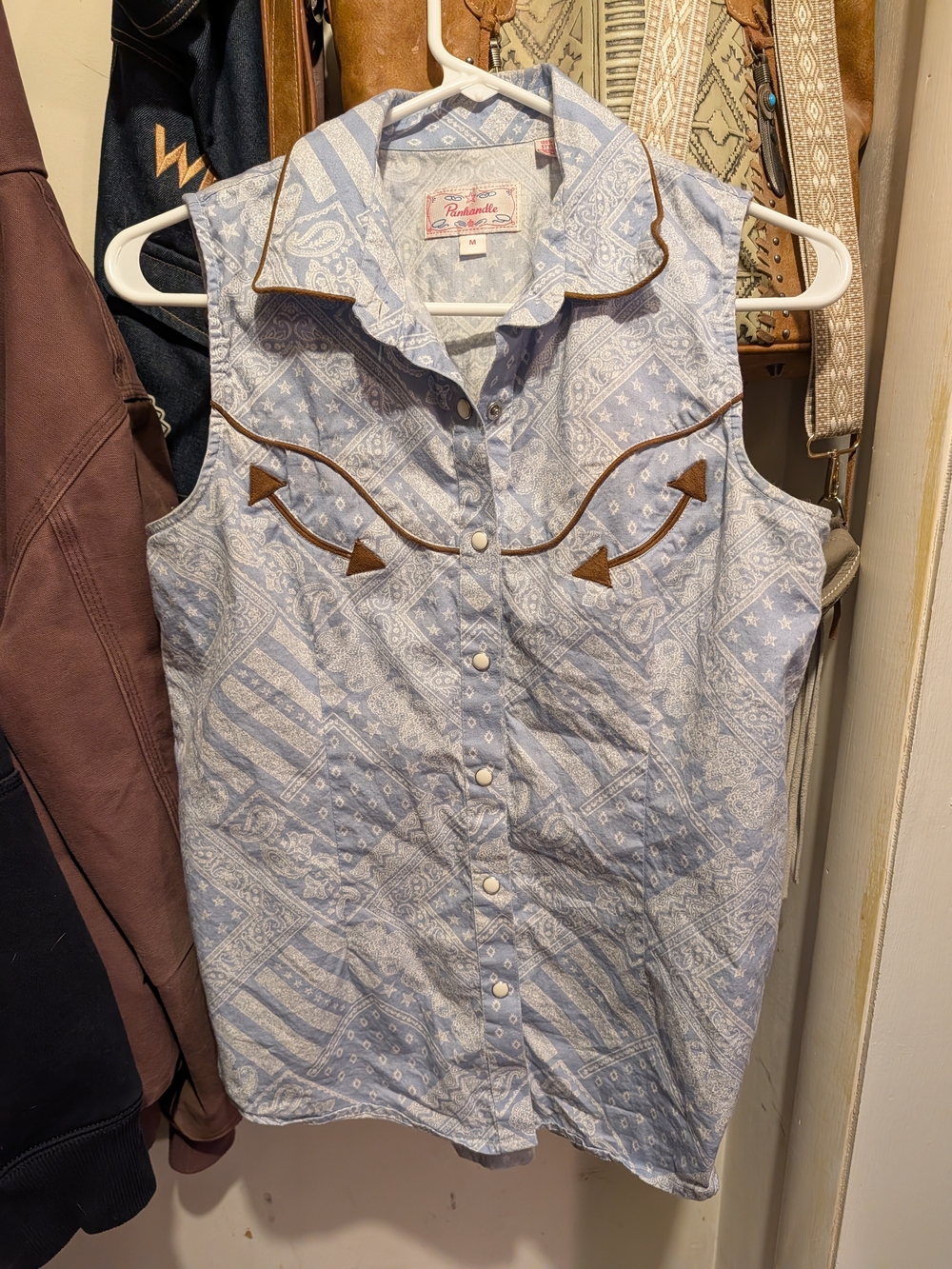 Sleeveless Western Snap Shirt by Panhandle Slim - Light Blue Bandana Print